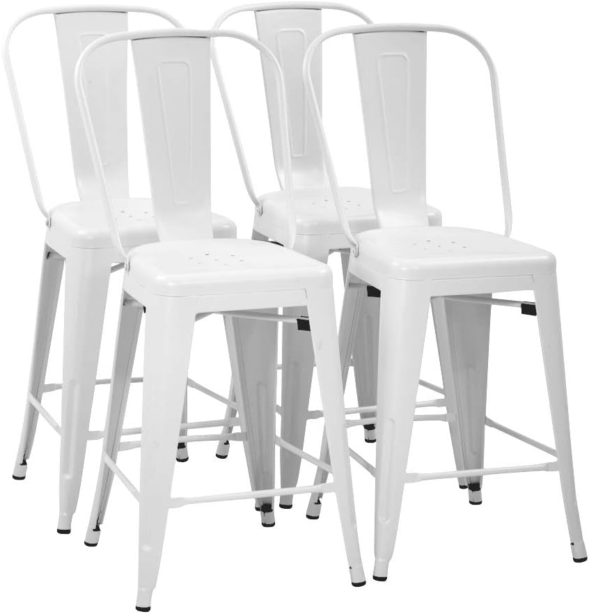 24 Inch Stackable Metal Bar Stool Set Of 4 With Backrest White Matte Finish For Kitchen Island Area