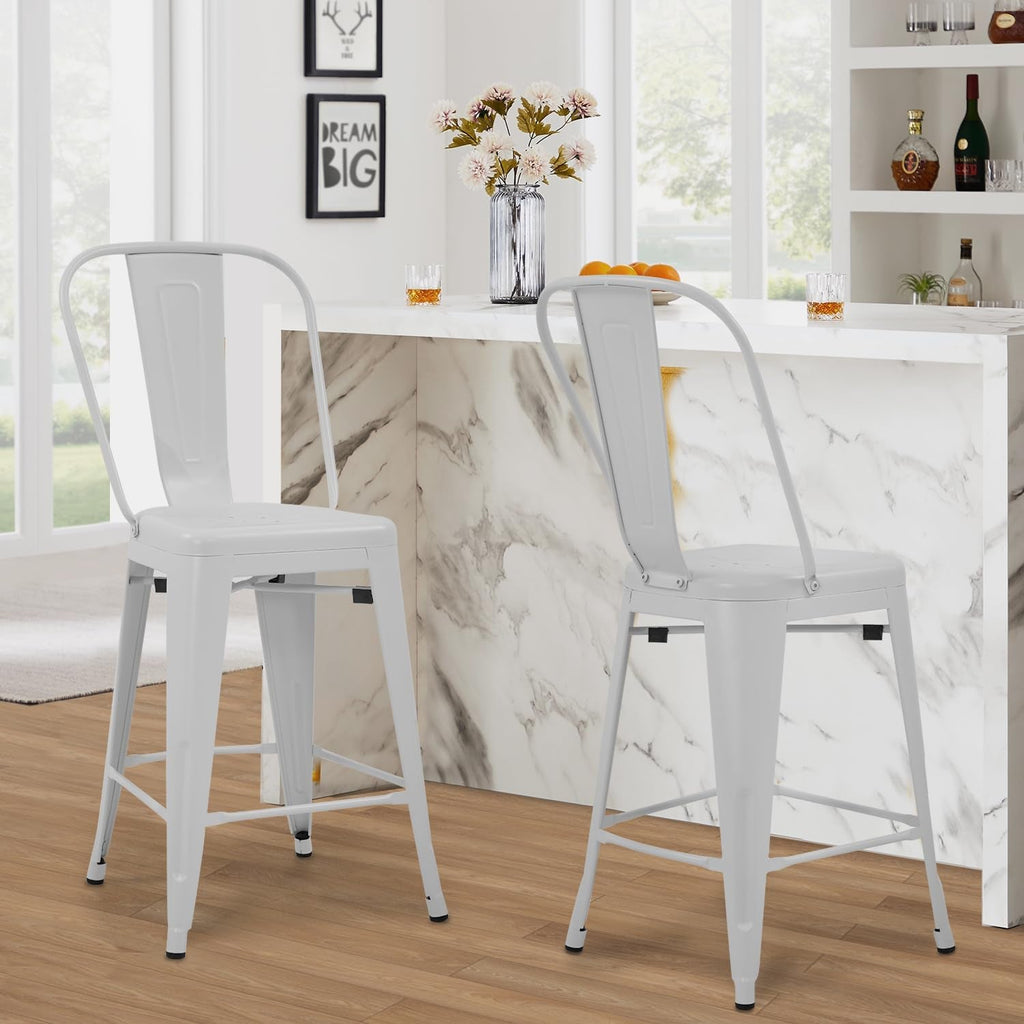 24 Inch Stackable Metal Bar Stool Set Of 4 With Backrest White Matte Finish For Kitchen Island Area