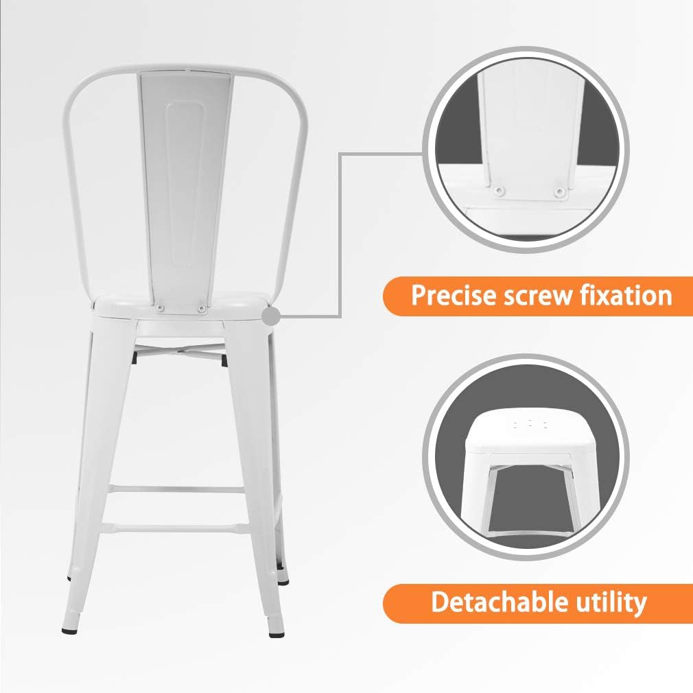 24 Inch Stackable Metal Bar Stool Set Of 4 With Backrest White Matte Finish For Kitchen Island Area