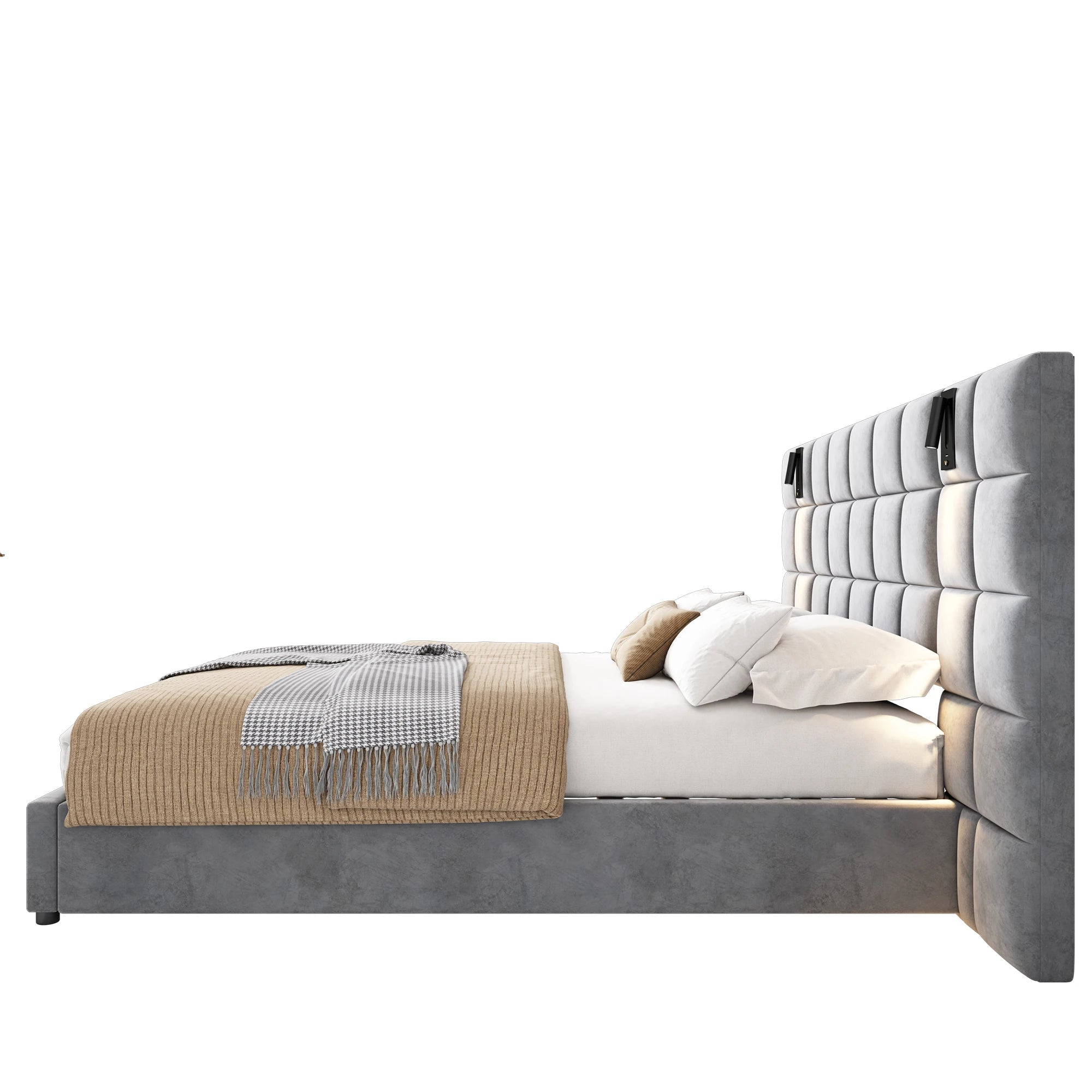 Modern Queen Bed with Reading Lamp and Headboard