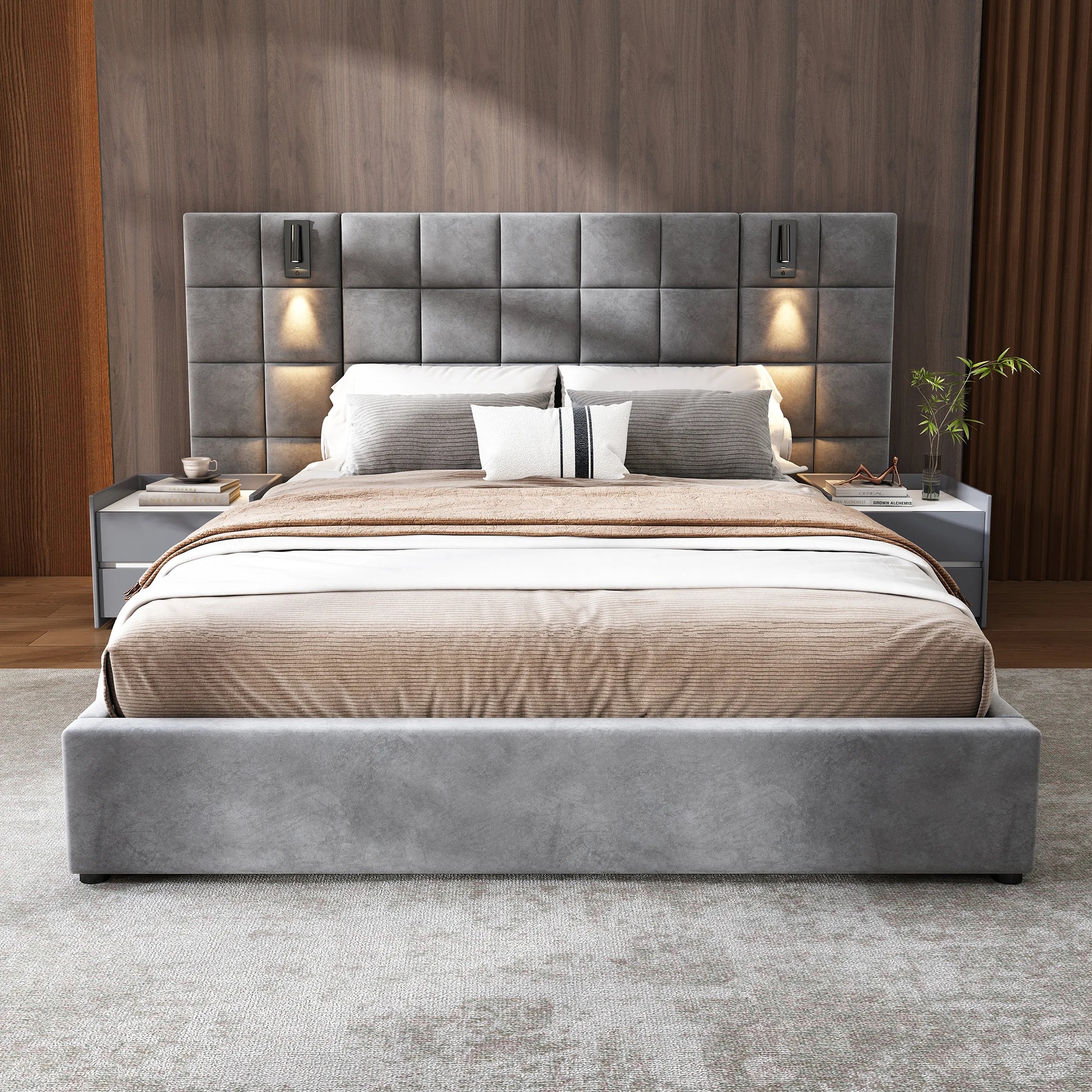 Modern Queen Bed with Reading Lamp and Headboard