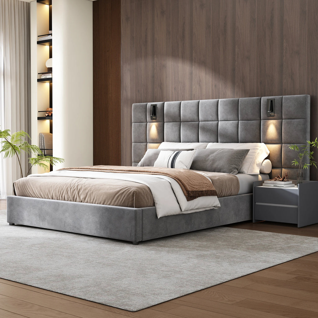 Modern Queen Bed with Reading Lamp and Headboard