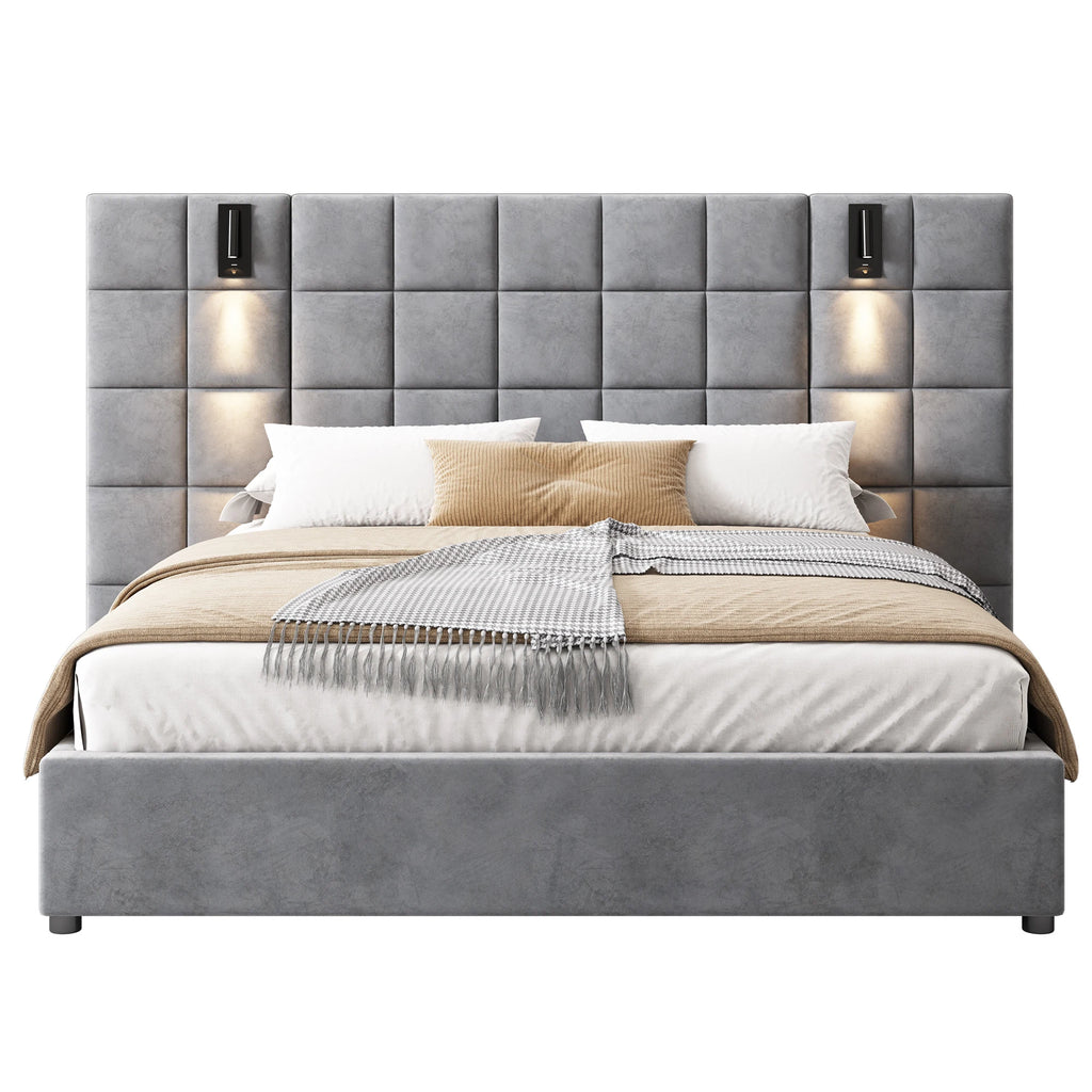 Modern Queen Bed with Reading Lamp and Headboard