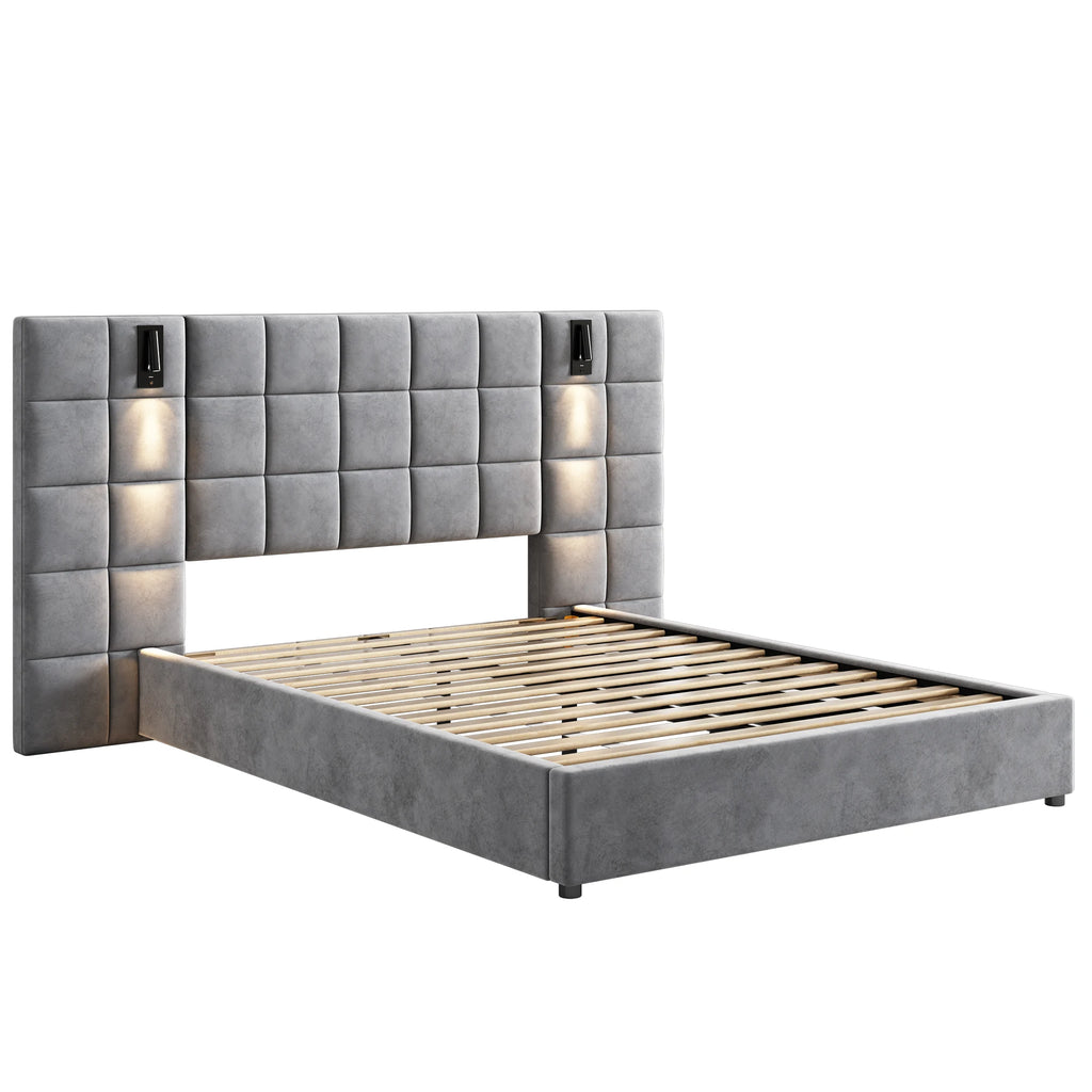 Modern Queen Bed with Reading Lamp and Headboard