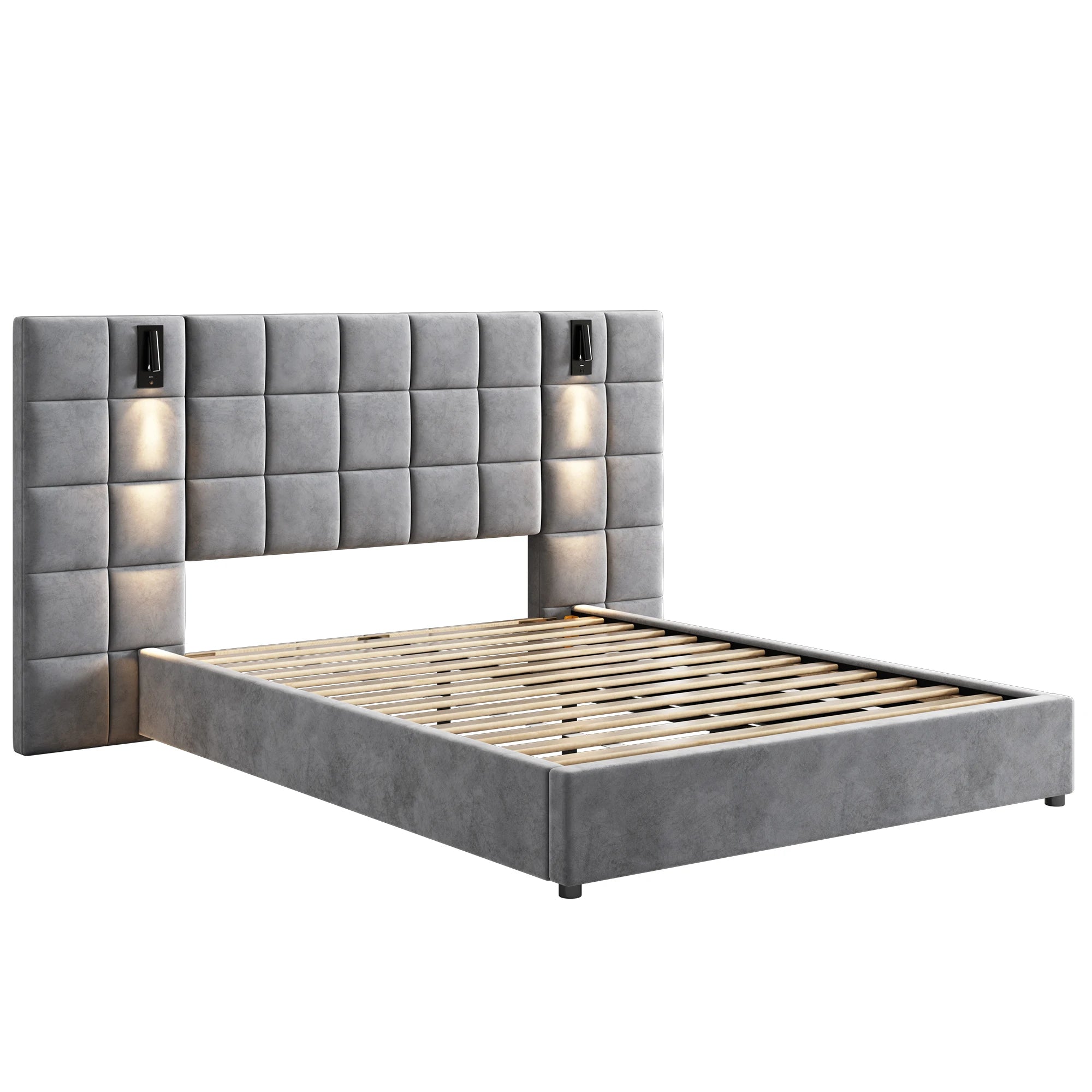 Modern Queen Bed with Reading Lamp and Headboard