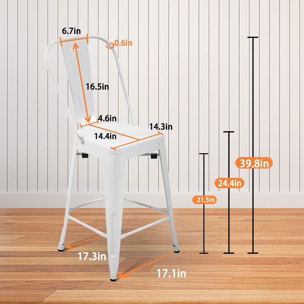 24 Inch Stackable Metal Bar Stool Set Of 4 With Backrest White Matte Finish For Kitchen Island Area