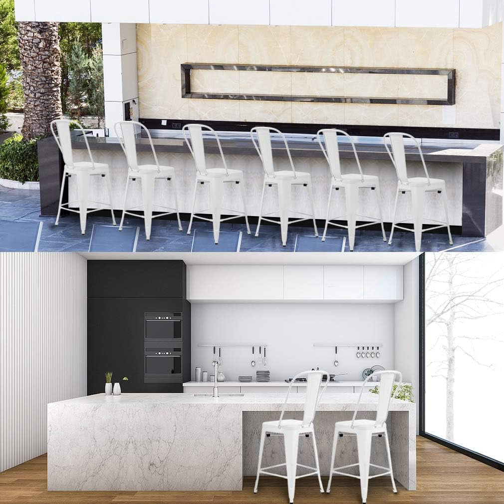 24 Inch Stackable Metal Bar Stool Set Of 4 With Backrest White Matte Finish For Kitchen Island Area